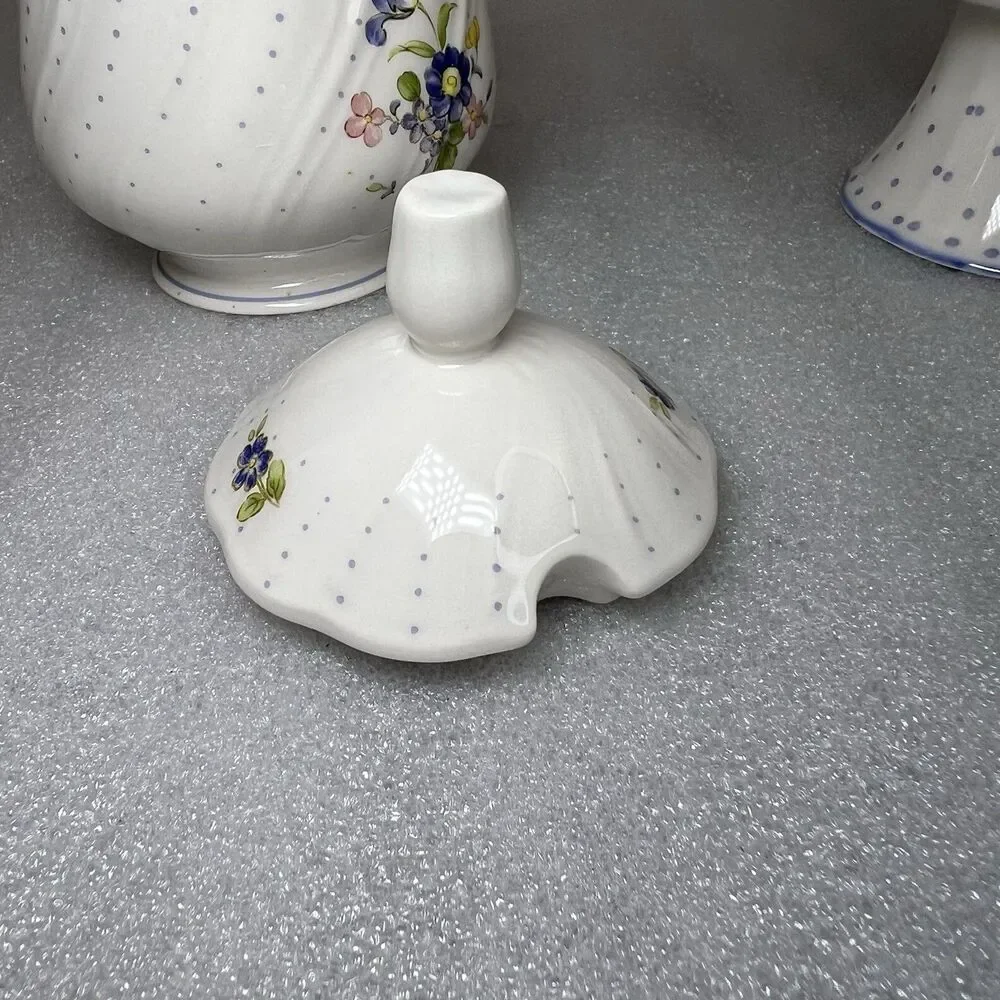 Vtg Nikko Blue Peony Sugar Bowl & Candy Compote Floral Dot Cottagecore Japan